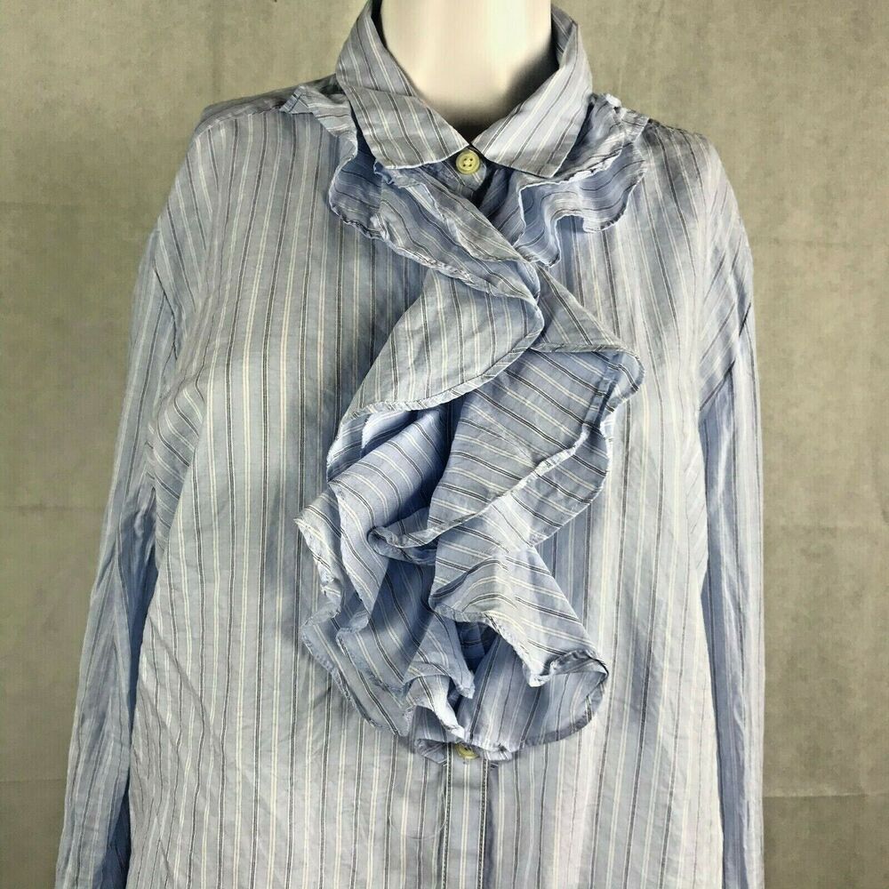 Banana Republic Shirt Womens Sz S Blue Striped Cotton Ruffle Neck Button Up Top